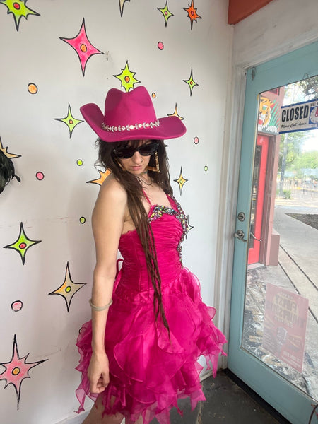 Hot Pink Cowgirl Hat Rhinestone Band Western Barbiecore Party Hat