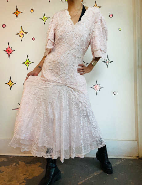 Vintage 80s Pink Pearl Beaded Lace Formal Gown Victorian Pastel Princess Dress M