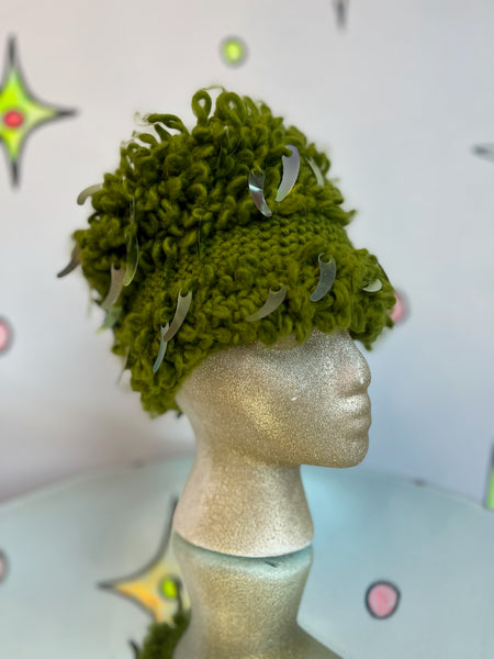 Vintage 1960s Green Shaggy Crochet Sequin Hat | Made in Japan | Wearable Art