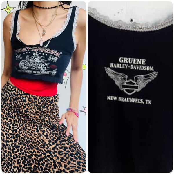 Vintage 90s | Harley Davidson Lace Trim Cut Off Cropped Tank Cami Tee T Shirt