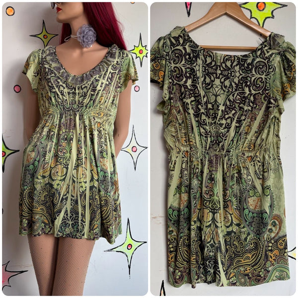 Y2K Moss Green Tattoo Print Ed Hardy Inspired Mall Goth Tunic Mini Dress | M/L