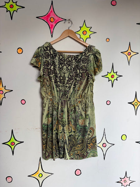 Y2K Moss Green Tattoo Print Ed Hardy Inspired Mall Goth Tunic Mini Dress | M/L