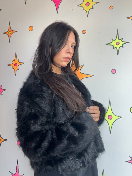 Vintage Black Vegan Fur Coat Glam Goth Femme Fatale Dramatic Evening Jacket L