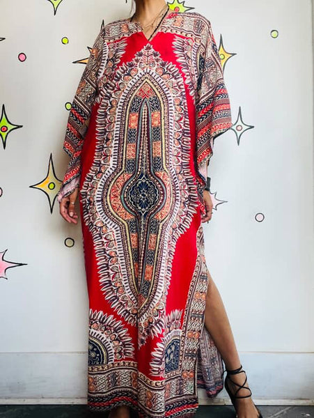 Vintage African Dashiki Maxi Dress - Boho Ethnic Print - Unisex Festival Wear