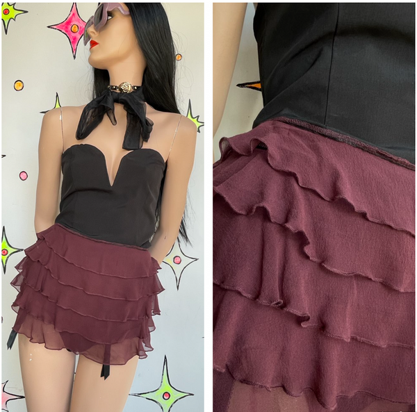 Y2K Burgundy Ruffle Micro Skirt Fairy Grunge Hip Belt Layering Mini Babydoll