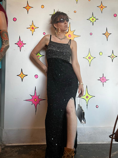 Vintage Black Silk Beaded Gown Glam Old Hollywood Formal Evening Dress M
