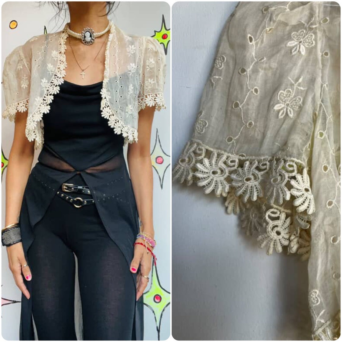 Vintage Babydoll Fairy Grunge Cropped Lace Bolero - Antique Style - S/M