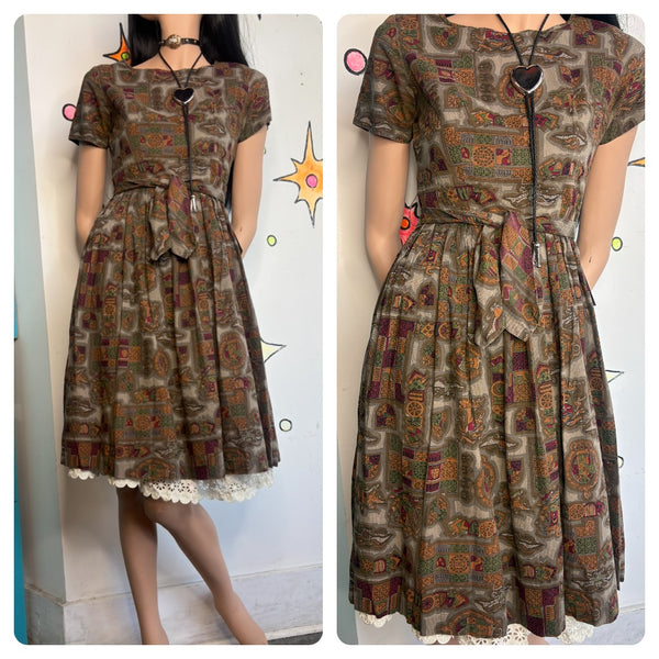 Vintage 50s Earth Tone Tiki Mid Century Art Print Fit & Flare Cotton Dress - S