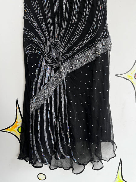 Vintage Y2K Black Sequin Flapper Sheer Dress - Fairy Grunge Whimsy Goth Party M