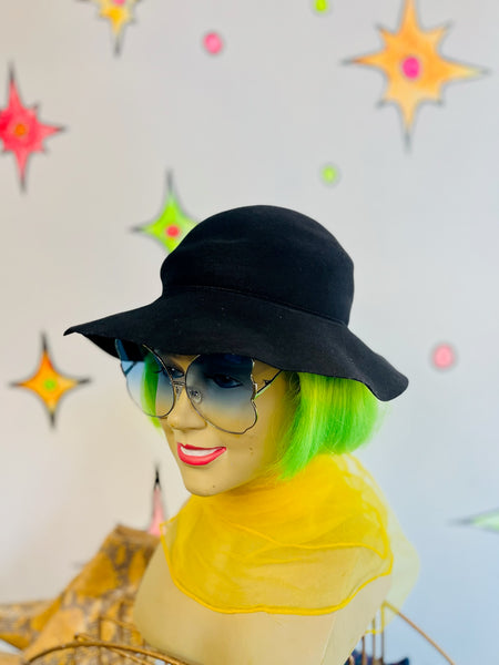 Vintage 50s Black Felt Goth Sun Hat | Wide Brim Witchy