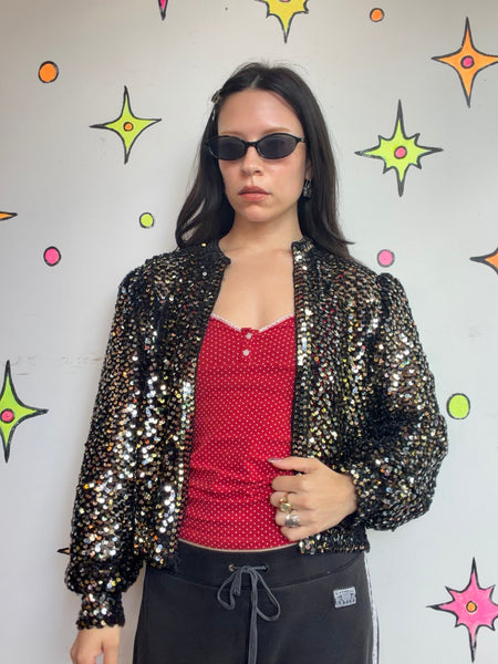 Vintage 70s Gold Silver Disco Bomber Jacket Metallic Retro Party Jacket | S M