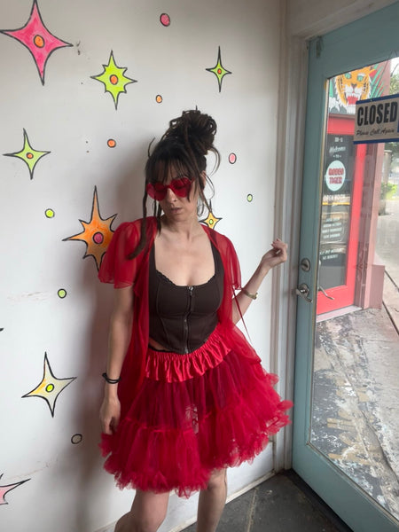 Crimson Red Tulle Tutu Mini Skirt Babydoll Dollcore Retro Pin-Up Separate S