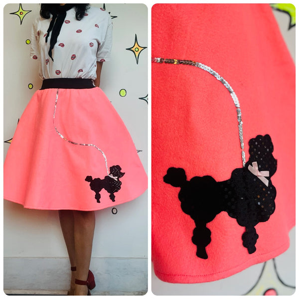 Vintage 50s Style Retro Pink Felt Poodle Skirt | Full Circle Swing Skirt | S