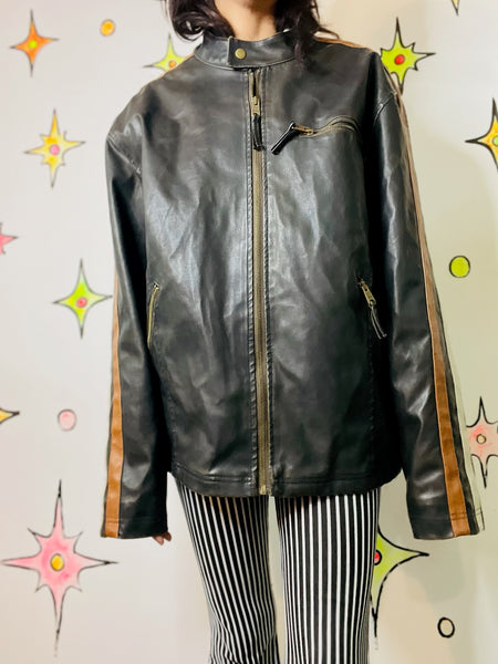 Vintage Y2K Striped Moto Racing Jacket – Vegan Leather – Double Stripe – Large
