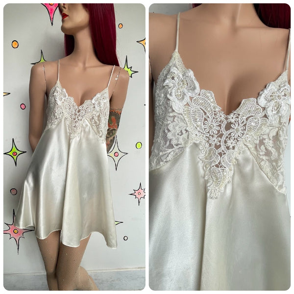 Ivory Satin & Lace Beaded Slip Dress Romantic Fairy Whimsy Grunge Mori Kei M