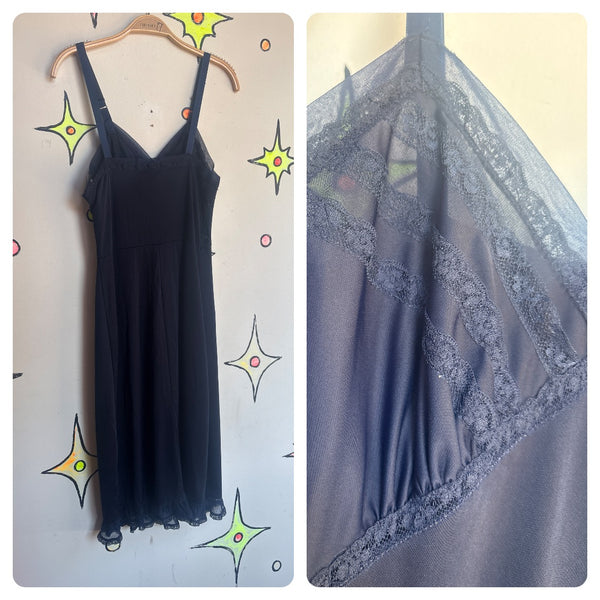 Vintage 1950s 60s Navy Blue Lace Nylon Slip | Fairy Grunge Lingerie Dress S/M