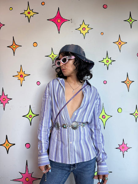 Y2K Purple Pinstripe Shirt Fairy Goth Mall Goth Indie Sleaze Grunge L/XL