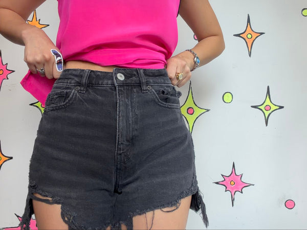 Vintage Black Denim Cutoff Shorts Thrashed Grunge Goth Y2K Low Rise S