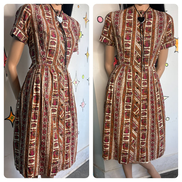 Vintage 50s Art Print Red Mustard Mid Century Fit & Flare Cotton Day Dress - M