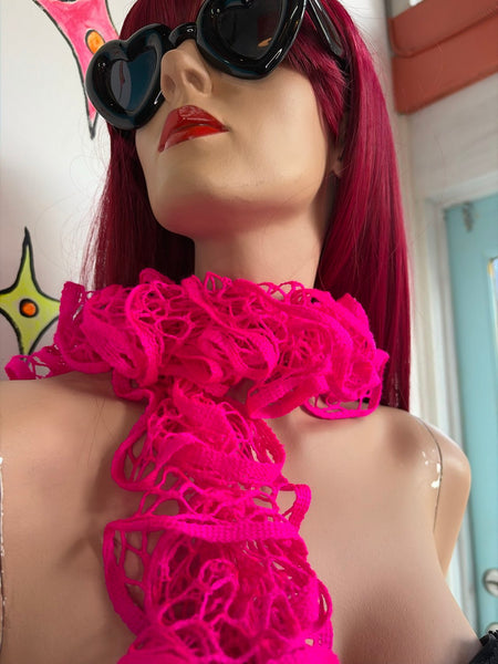 Y2K Hot Pink Barbie Scrunch Scarf Cabbagecore Fairy Grunge Crochet Ruffle Boa