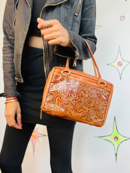 Vintage Boho Western Tooled Leather Satchel | 70s Style Floral Purse Handbag