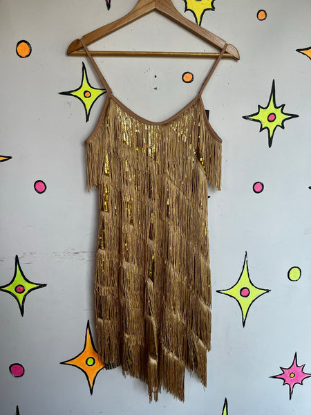 Vintage Gold Fringe Flapper Dress 20s Gatsby Party Mini 60s GoGo Disco Costume M