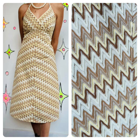 90s Y2K Earth-Tone Zigzag Embroidered Halter Dress - Fairy Grunge - Sz 4
