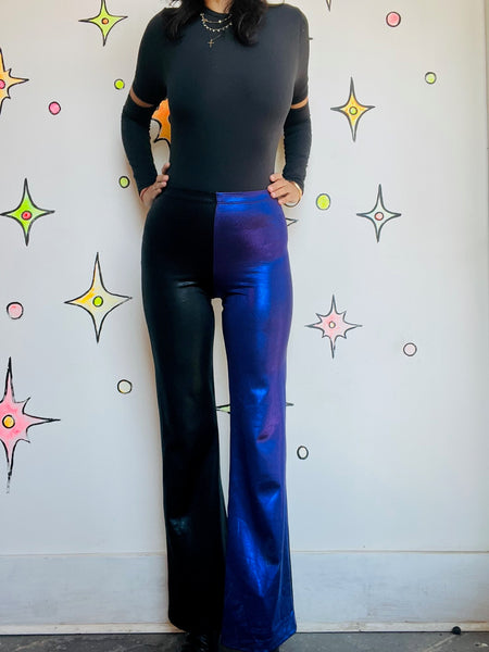 Vintage Stretchy Glam Metallic Black & Purple Rave Disco Bellbottom Flares | S
