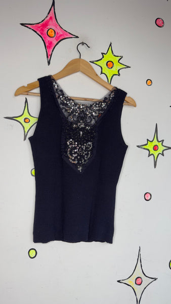 Y2K Beaded Ribbed Top Navy Blue Sequin Fairy Grunge Glam 2000s Party top - S/M