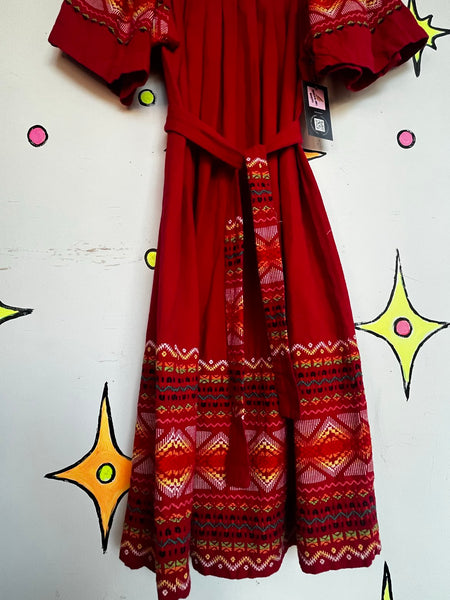 Vintage Mexican Embroidered Dress Red Oaxacan Folk Boho Fiesta Cotton - SM