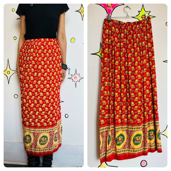 Vintage Red Boho Grunge Exotic Elephant Print Maxi Skirt - Back Slit - Small