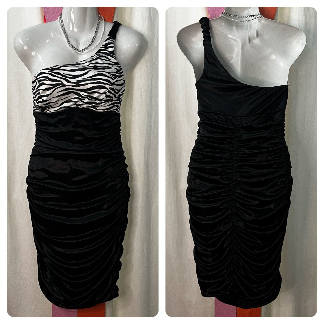 Vintage 90s Y2K Zebra Print Indie Sleaze Bodycon Assymetrical Mini Slip Dress L