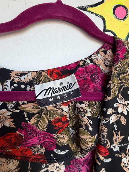 90s Floral Silk Dress Romantic Fairy Grunge Whimsy Goth Office Siren M/L