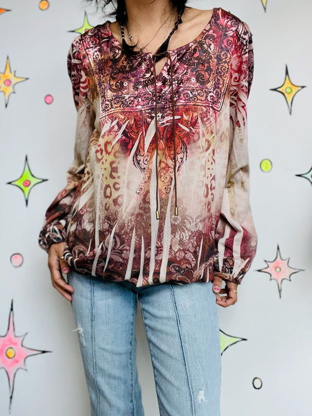 Vintage Y2K Affliction-Style Boho Grunge Fairy Indie Sleaze Tattoo Print Top | L