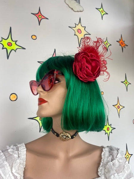 Red Rose Feather Hair Clip Goth Burlesque Rockabilly Flamenco Fascinator