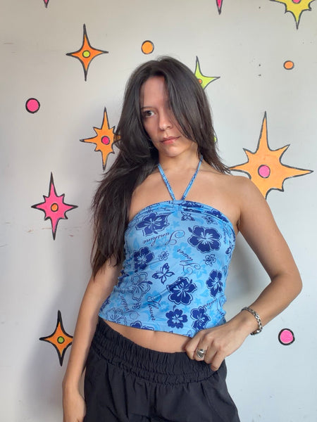 Y2K Tropical Halter Top | Hawaiian Floral Resort McBling Summer Crop Top S