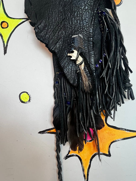Vintage Leather Witch Bag Medicine Pouch Bone Feather Boho Goth Fringe Western