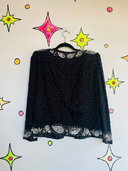 Vintage 80s Black & Silver Sequin Beaded Pirate Glam Rock Party Jacket Size S