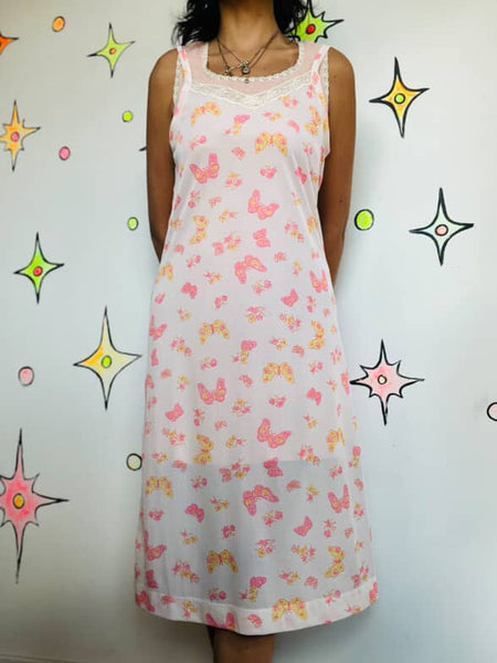 Vintage 60s 70s Pink Butterfly Print Nighty Slip Dress ' Fairy Grunge ' S/M