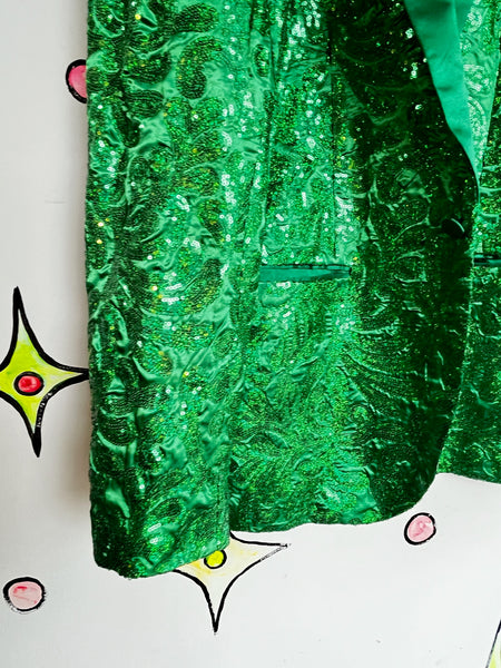 Vintage Metallic Green Glitter Disco Mens Tuxedo Smoking Jacket Sequin Blazer 3X