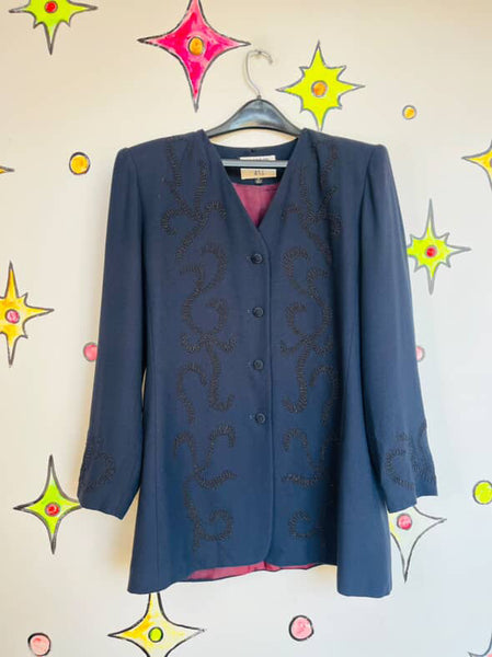 Vintage 80s 90s Navy, Black Embroidered Wearable Art Blazer Office Glam Size 12