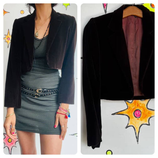Vintage Chocolate Brown Boho Velvet Cropped Jacket – Romantic Goth Grunge – S