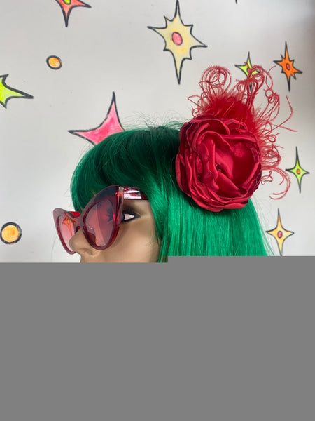 Red Rose Feather Hair Clip Goth Burlesque Rockabilly Flamenco Fascinator
