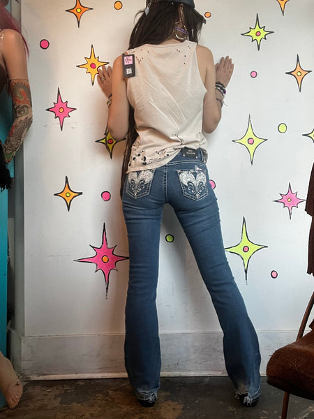 Y2K Rhinestone Denim Flare Jeans Low Rise Embellished Indie Sleaze McBling XS