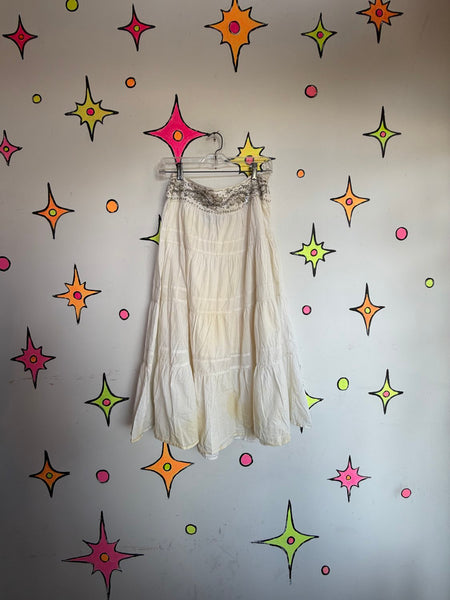 Y2K White Beaded Boho Midi Skirt Fairy Grunge Western Cowgirl Tiered L