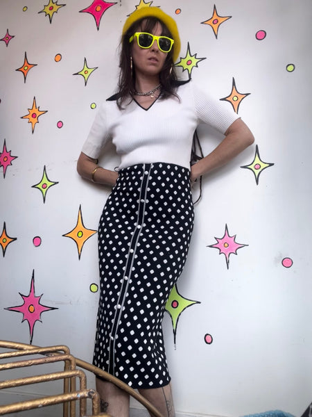 Retro 90s Black & White Polka Dot Dagger Collar Midi Dress 60s 70s Mod Knit M
