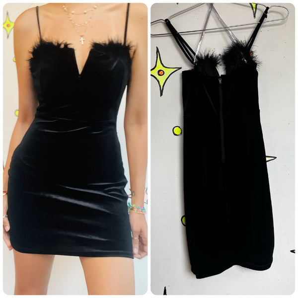 Vintage 90s Black Velvet Fairy Grunge Goth Feather Trim Mini Slip Party Dress M