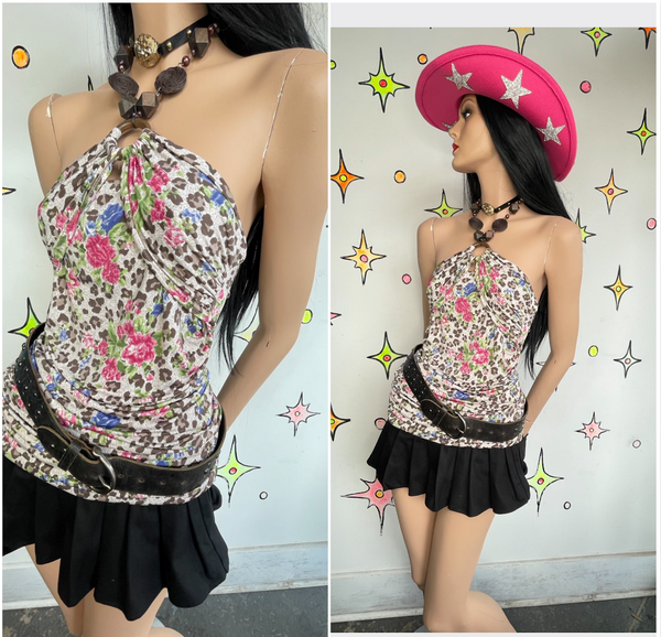 Y2K Leopard Print Floral Halter Top | Beaded Necklace 2-in-1 Jewelry / Top XS/S