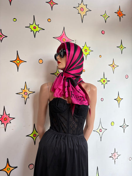 Vintage Y2K Victoria's Secret Hot Pink & Black Striped Silk Scarf Luxe Glam