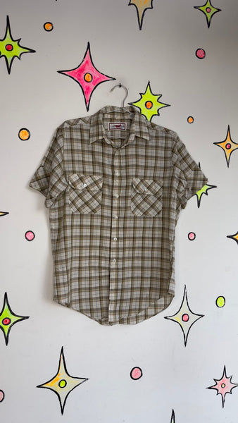 70s 80s Plaid Men's Button-Up Shirt | Vintage Western Grunge – Medium